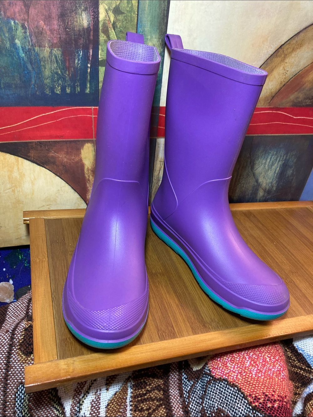 CAT & JACK Big Kids Waterproof Purple Rain Boots with Teal Sole Accent SIZE 4